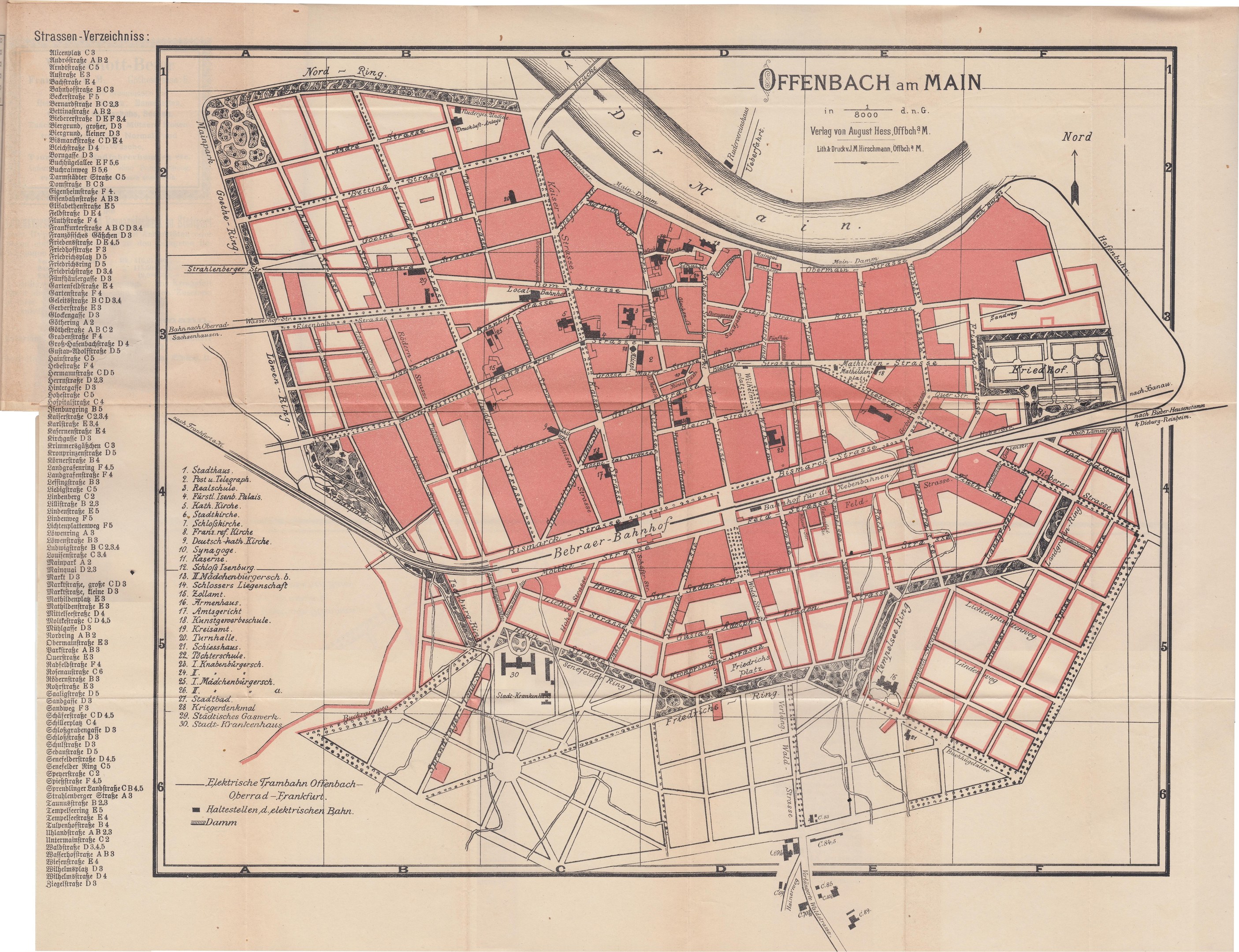 Detailiertes altes Stadtplan von Offenbach, Deutschland, zeigt Straßen, Gebäude und Sehenswürdigkeiten auf einem weißen Hintergrund mit Text, der zusätzliche Stadtinformationen bereitstellt.