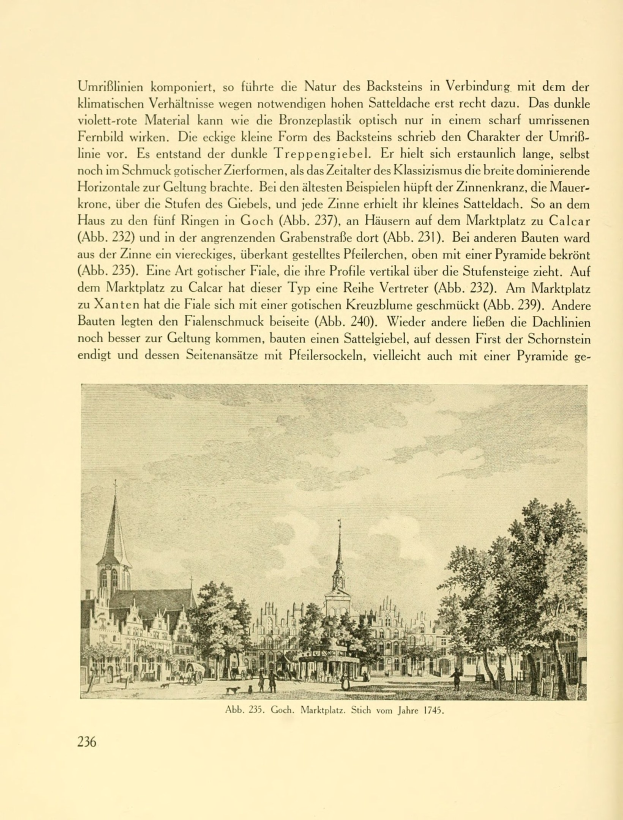 Offenes Buch mit einer handgezeichneten Stadtlandschaft-Illustration mit Gebäuden, Bäumen und Menschen, begleitet von Text auf der Seite.