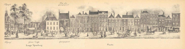 Schwarz-weiß-Illustration einer historischen Stadtstraße in den Niederlanden mit Gebäuden, Bäumen, Passanten, Karren und Pferdefuhrwerken und der Beschriftung "Lange Yverberg in den Niederlanden" unten.