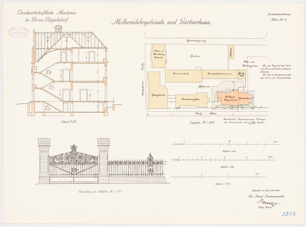 Ein detailliertes Bild einer Landwirtschaftlichen Akademie in Bonn-Bappelsdorf, ein zweistöckiges Gebäude mit einem geneigten Dach, einem großen Metalltor mit kunstvollen Verzierungen und einem umliegenden Zaun auf einem Blatt Papier mit beschreibendem Text.