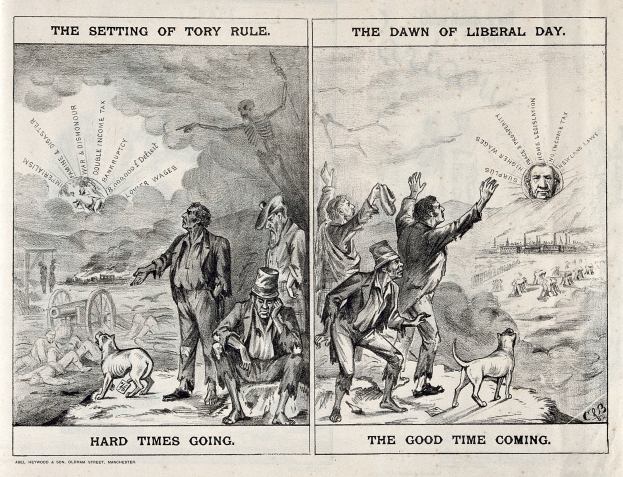 Schwarze und weiße Illustration, die Menschen, Tiere und Gegenstände zeigt, die den Übergang von Tory-Regelung zu liberaler Regierung darstellen.