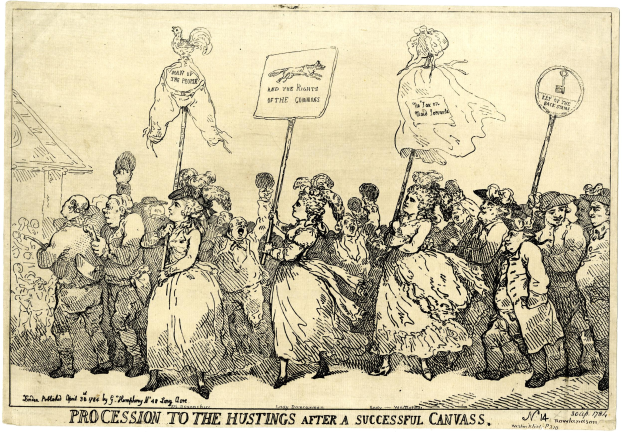 Eine historische Illustration einer Menge mit Protestschildern mit der Aufschrift "Prozession zum Hustings nach einem erfolgreichen Canvas."