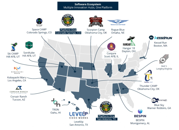 Eine Karte der Vereinigten Staaten mit Firmenlogos, die die Standorte des Software-Ökosystems markieren, und begleitendem Text mit weiteren Details.