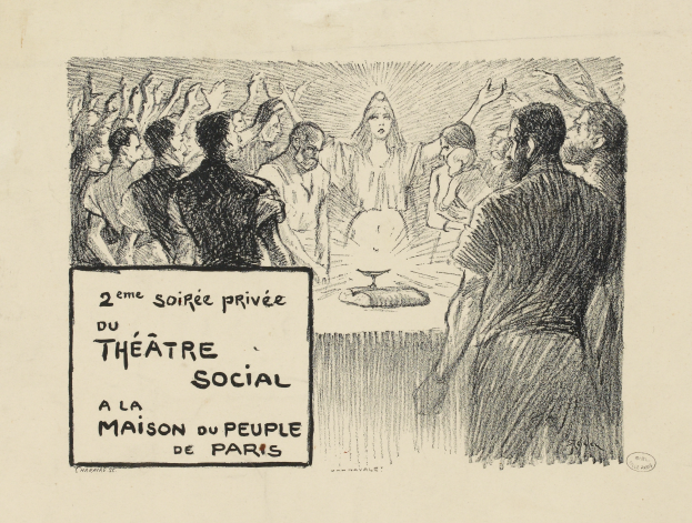 Eine Schwarz-Weiß-Zeichnung einer vielseitigen Gruppe von Menschen, die vor einem Schild mit der Aufschrift "Theater Sozial" stehen und erwartungsvoll darauf schauen.