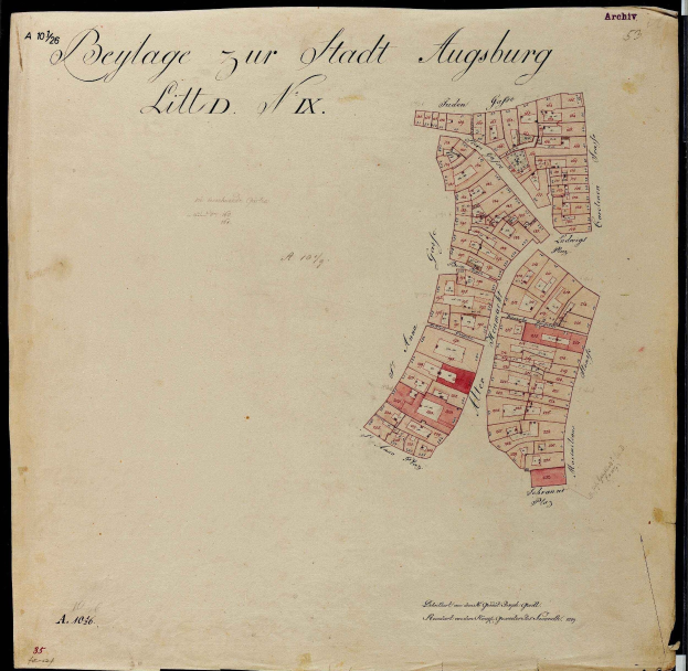 Eine detaillierte Karte von Augsburg aus einem alten Buch, die Straßen, Gebäude und Sehenswürdigkeiten zeigt.