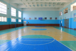 Eine große Turnhalle mit einem blauen und weißen Boden, die einen Basketballplatz, ein Netz mit Pfosten, eine Tür, Fenster, Plakate an den Wänden, ein Geländer und ein Dach zeigt.