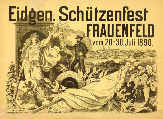 Ein Vintage-Plakat bewirbt das Eidgen Schützenfest in Frauenfeld, Deutschland, mit einem Mann im Anzug und einer Frau in einem Kleid, die nebeneinander stehen, und Details zum Event.