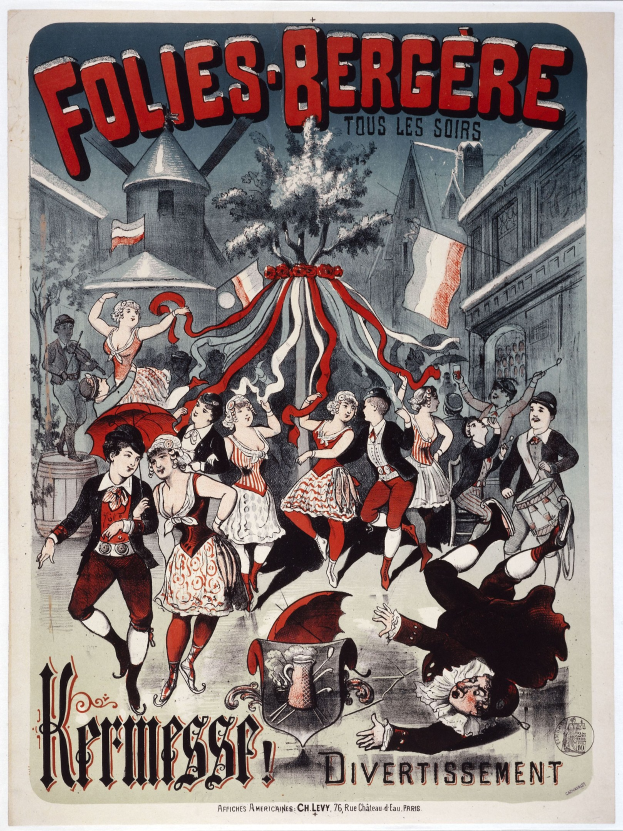 Ein Plakat für das Folies-Bergère-Festival in Paris, das eine Gruppe von Menschen zeigt, die im Vordergrund tanzen, mit Gebäuden, Flaggen und einem Baum im Hintergrund und französischem Text oben und unten.