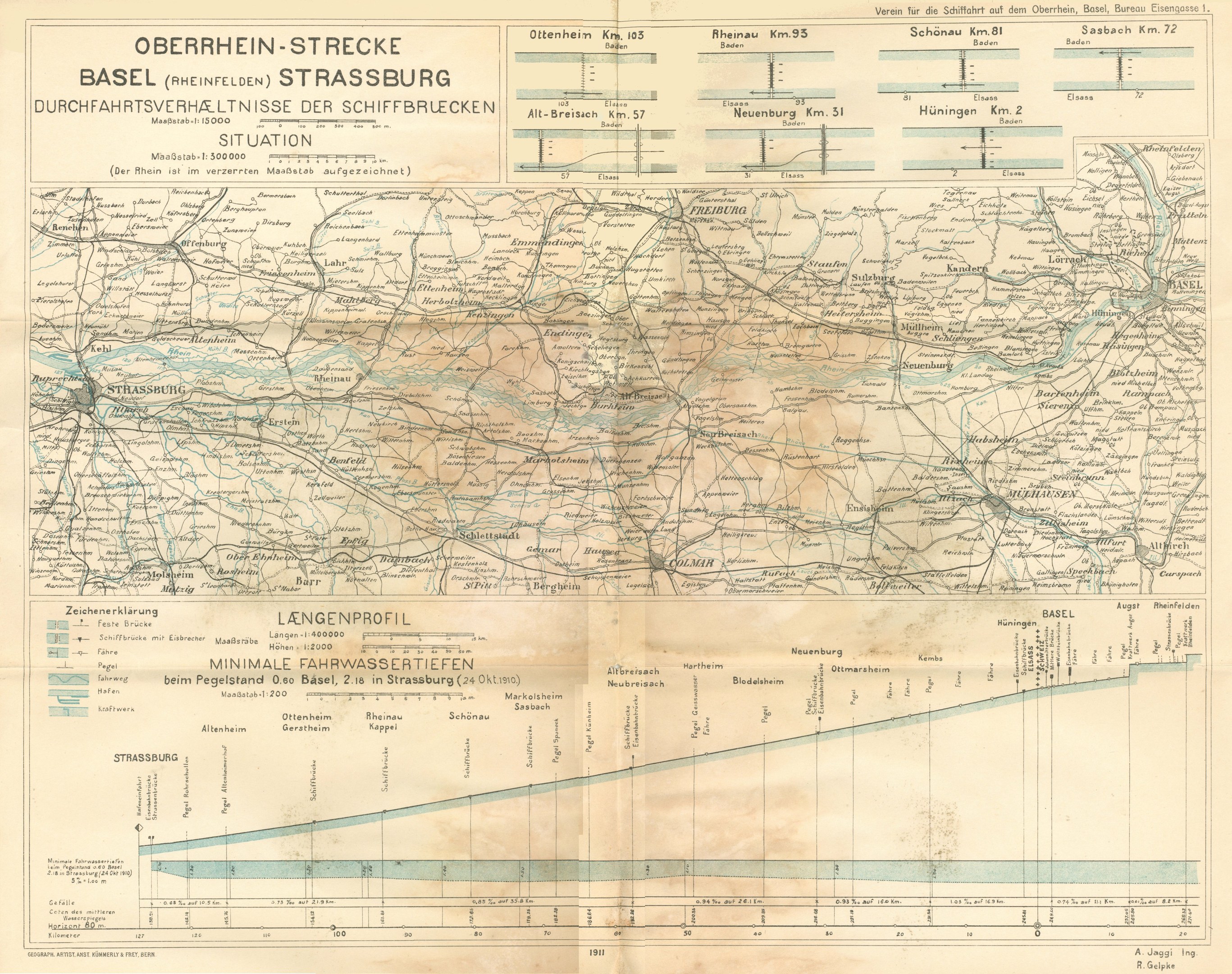 Alte Karte des Basel-Strasburg-Gebiets in Deutschland, die Eisenbahnlinien mit TextAnnotation zeigt.
