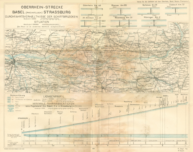 Alte Karte des Basel-Strasburg-Gebiets in Deutschland, die Eisenbahnlinien mit TextAnnotation zeigt.