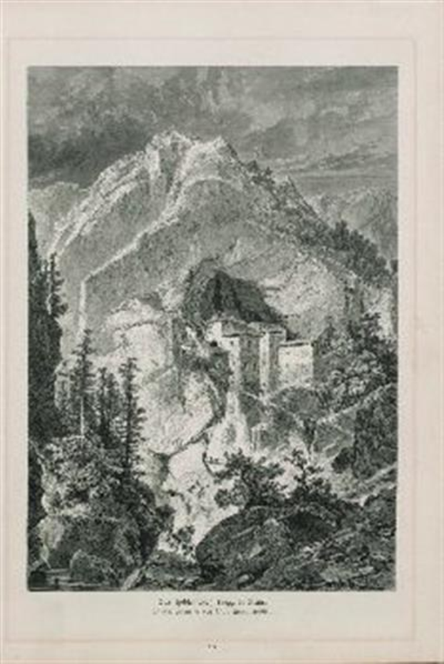 Schwarze und weiße Radierung eines Berges mit einer Burg auf seinem Gipfel, umgeben von Bäumen und Hügeln, mit der Beschriftung "Die Burg der Könige, 1839" unten.