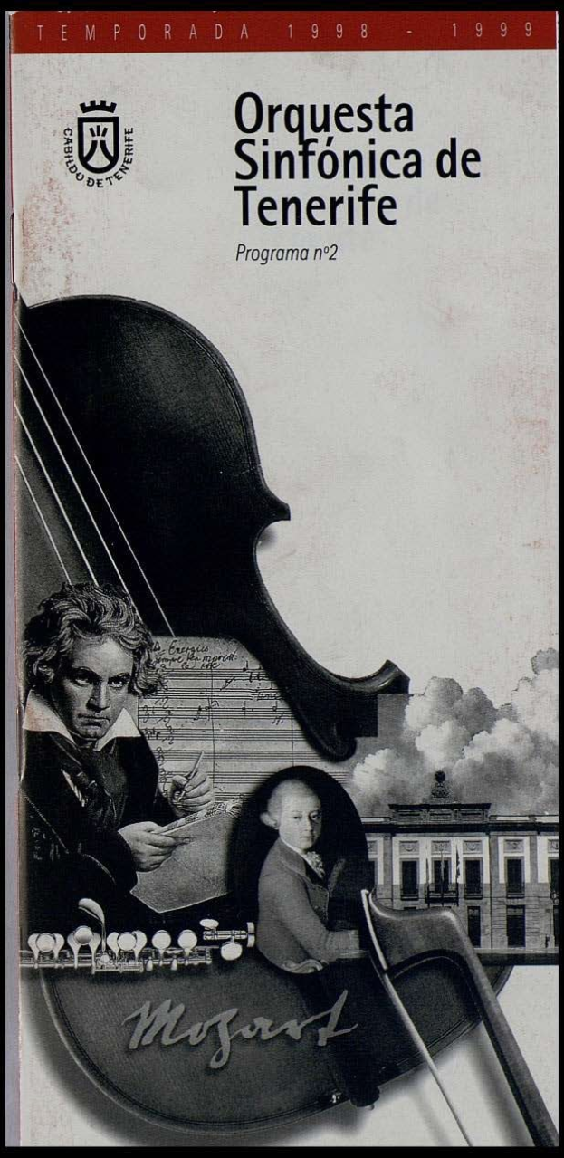 Plakat für das zweite Programm der Orquesta Sinfónica de Tenerife, das Mozarts Symphonie Nr. 2 D-Moll, Op. 63, mit zwei Geigern vor einem Gebäude zeigt.