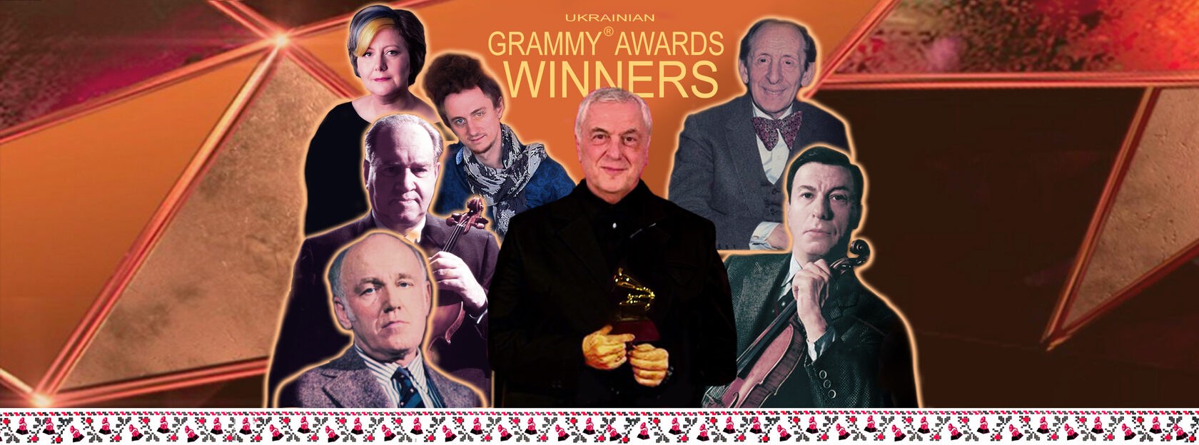 Gruppe von Menschen auf der Bühne mit einem Preis, Text lautet "Grammy Awards Gewinner."