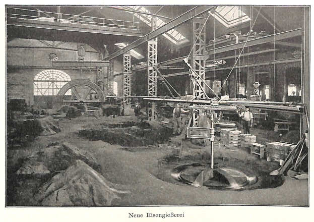 Schwarzes und weißes Foto eines Fabrikinneren mit Arbeitern, die an Maschinen arbeiten, umgeben von Metallstangen und -rohren, beschriftet mit "Neue Eisenglebeerei, die erste Fabrik Deutschlands" unten.
