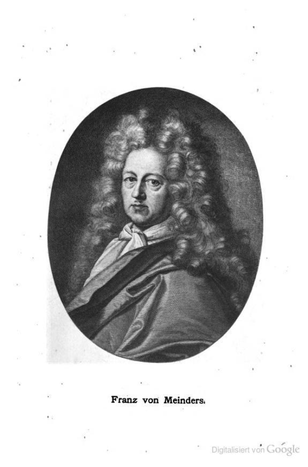 Schwarz-weiß-Portr├Ąt von Franz von Meinders, einem deutschen Komponisten mit langen lockigen Haaren, mit deutschem Text unten.
