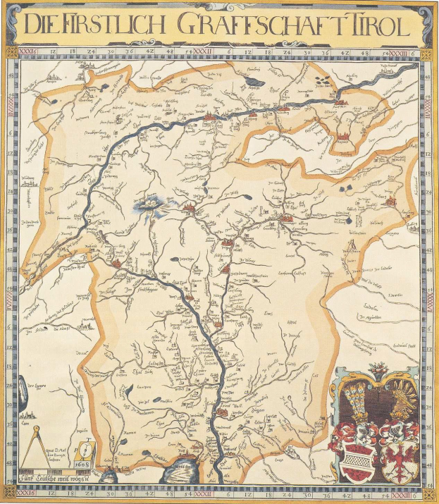 Ausführliches historisches Plakat der ersten Grafschaft Tirol, das eine Karte mit geografischen Merkmalen wie Flüssen, Bergen und Städten zeigt, begleitet von erklärendem Text.