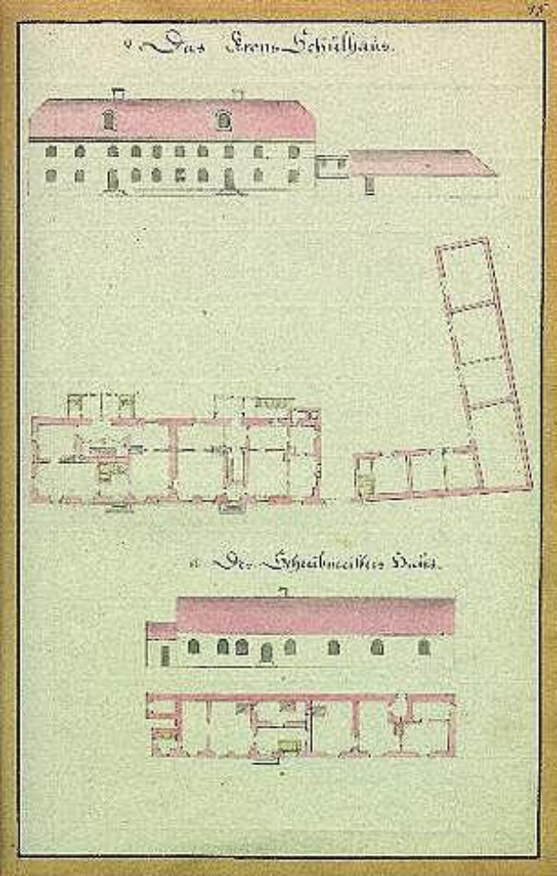 Eine handgezeichnete Skizze eines mehrfenstrigen Gebäudes mit einer Leiter, beschriftet als Schloss Schilbau-Gefängnis, auf Papier mit begleitendem Text.