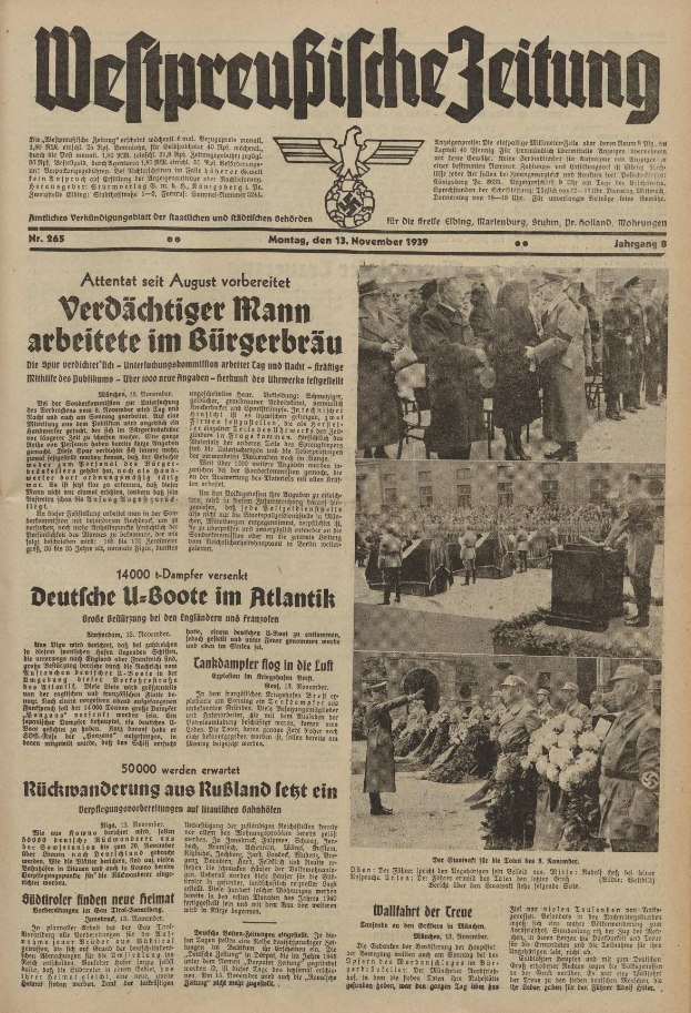 Schwarze Titelseite einer deutschen Zeitung vom 13. November 1939 mit der Schlagzeile 'Weitpreubliche Zeitung' und einem Foto von Menschen in traditioneller deutscher Tracht in einer feierlichen Umgebung.