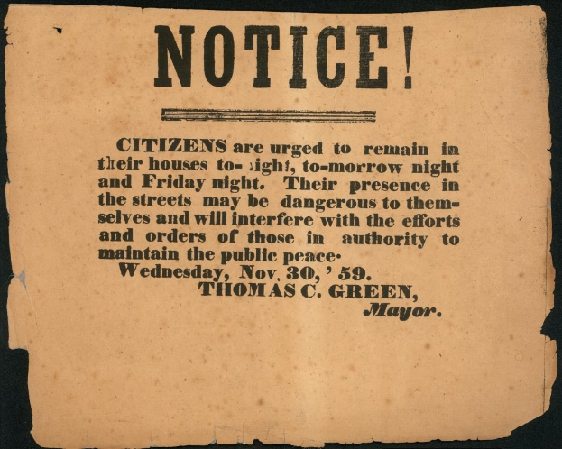 Mitteilung von Thomas C. Green, Bürgermeister von New York City, die Bürger aufzufordern, während bestimmter Nächte zu Hause zu bleiben.