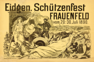 Ein Vintage-Plakat bewirbt das Eidgen Schützenfest in Frauenfeld, Deutschland, mit einem Mann im Anzug und einer Frau in einem Kleid, die nebeneinander stehen, und Details zum Event.