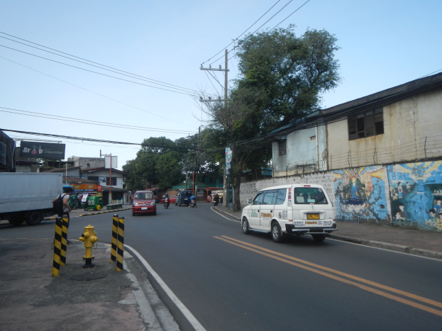 Stadtstraße mit fahrenden Autos, Lastwagen, einem Hydranten, Pollern, Gebäuden mit Fenstern, Bäumen, Strommasten mit Drähten und einem sichtbaren Himmel.